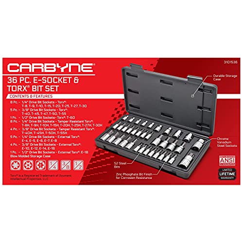 CARBYNE 36-Piece Torx Bit Socket & E-Socket Set | Includes T8-T60, Tamper (Security) T8H/TT8 - T55H/TT55, External (e-Torx) E4-E18, S2 Steel Bits, CrV Sockets, Durable Case - Image 3