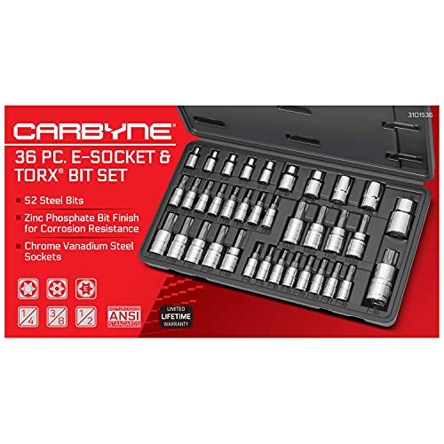 CARBYNE 36-Piece Torx Bit Socket & E-Socket Set | Includes T8-T60, Tamper (Security) T8H/TT8 - T55H/TT55, External (e-Torx) E4-E18, S2 Steel Bits, CrV Sockets, Durable Case - Image 2