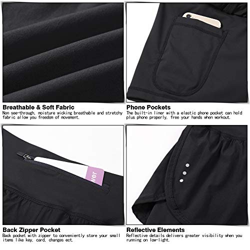 Soothfeel Women's 2 in 1 Running Shorts Workout Athletic Gym Yoga Shorts for Women with Phone Pockets Black - Image 5