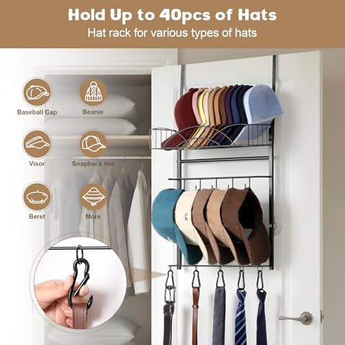 Snuvid Metal Over Door Hat Rack for Baseball Caps- 3 Tier Wall Mounted Hat Rack with a Metal Basket, 5 Hooks and 5 Movable Hooks Design, Holds up to 40 Caps for Door, Bedroom & Closet - Image 2