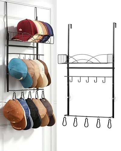 Snuvid Metal Over Door Hat Rack for Baseball Caps- 3 Tier Wall Mounted Hat Rack with a Metal Basket, 5 Hooks and 5 Movable Hooks Design, Holds up to 40 Caps for Door, Bedroom & Closet - Image 1
