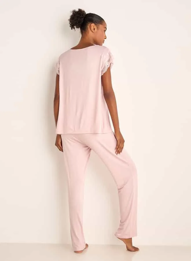 Splash FAV Lace Trim T-shirt and Elasticated Pyjama Set