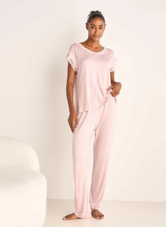 Splash FAV Lace Trim T-shirt and Elasticated Pyjama Set