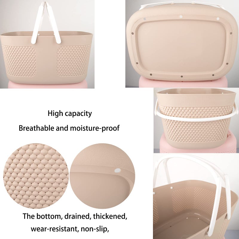 rejomiik Shower Caddy Basket  Portable Large Capacity Thickened Plastic Organizer Storage Tote with Handles Drainage Toiletry Bag Bin for Bathroom  College Dorm Room Essentials  Kitchen  Camp  Gym - Khakis - Image 3