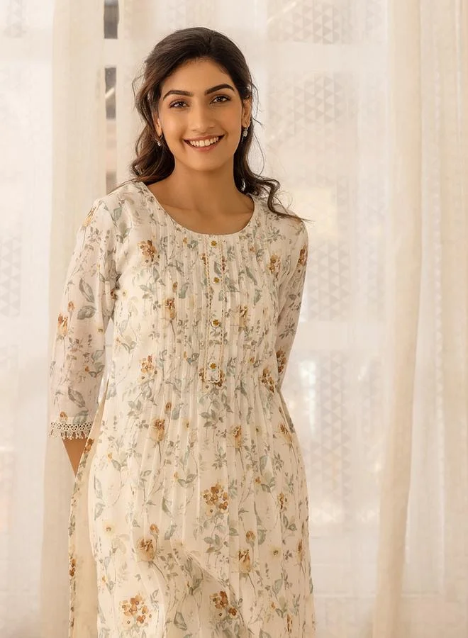 DW DW Floral Printed A-Line Kurta with Trousers and Dupatta Set