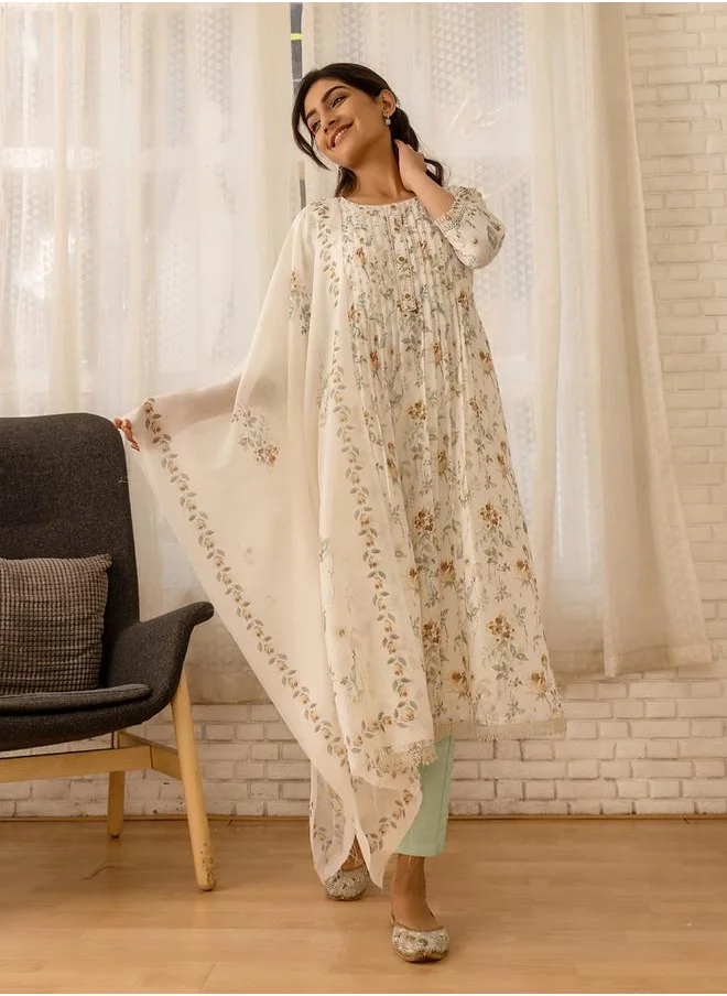 DW DW Floral Printed A-Line Kurta with Trousers and Dupatta Set