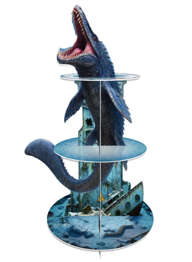 Bsenhe Mosasaurus Dinosaur Cupcake Stand, Dinosaur Birthday Decorations Dino Party Decorations 3-Tier Cupcake Holder for Dino Ocean Theme Party Birthday Supplies (1) - Image 1