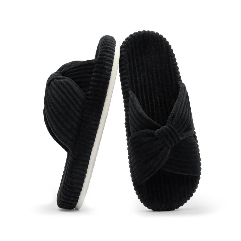 Chantomoo Slippers for Women Memory Foam House Bedroom Corduroy Bow Crossbands Slipper Shoes Comfy Trendy Gift Slippers Black 5 6 - Image 1