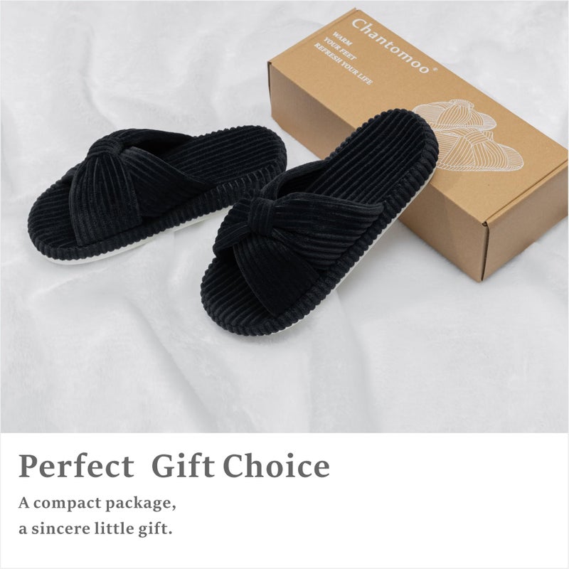 Chantomoo Slippers for Women Memory Foam House Bedroom Corduroy Bow Crossbands Slipper Shoes Comfy Trendy Gift Slippers Black 5 6 - Image 5