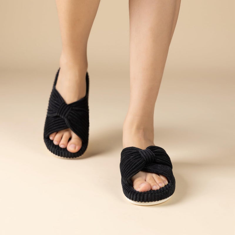 Chantomoo Slippers for Women Memory Foam House Bedroom Corduroy Bow Crossbands Slipper Shoes Comfy Trendy Gift Slippers Black 5 6 - Image 2