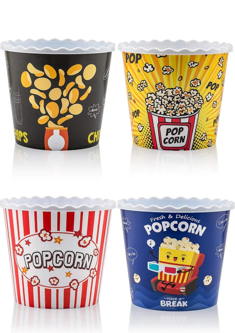 ONONEXPRESS Modern Style Reusable Plastic Popcorn Containers / Popcorn Bowls Set for Movie Theater Night - Washable in the Dishwasher - (BPA Free-4 Pack) (Color: Yellow, Brown, Red/White and Blue Popcorn Boxes) - Image 1