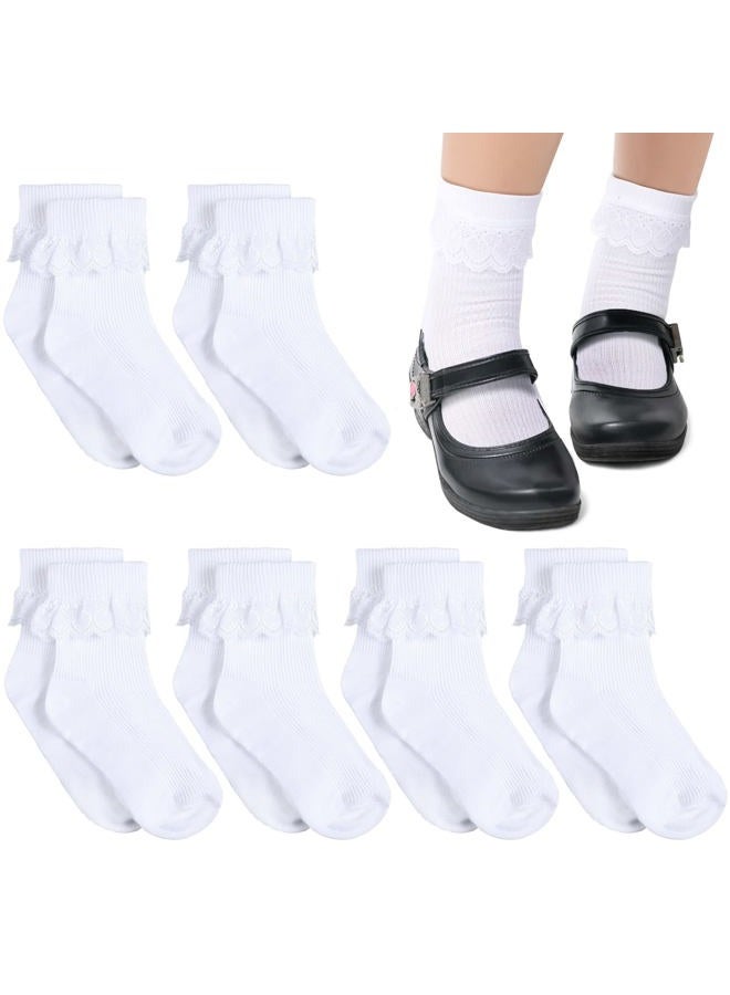 Satinior 6 Pairs Girls Ruffle Socks White Girls Eyelet Lace Sock Sruffled Girls Dress Socks for School Uniform Girl Toddler Girl Socks, White, 7-10 Years - Image 1