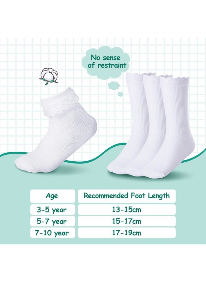 Satinior 6 Pairs Girls Ruffle Socks White Girls Eyelet Lace Sock Sruffled Girls Dress Socks for School Uniform Girl Toddler Girl Socks, White, 7-10 Years - Image 3