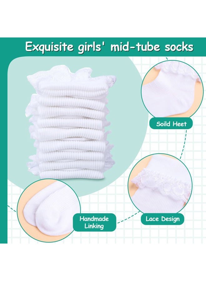 Satinior 6 Pairs Girls Ruffle Socks White Girls Eyelet Lace Sock Sruffled Girls Dress Socks for School Uniform Girl Toddler Girl Socks, White, 7-10 Years - Image 5