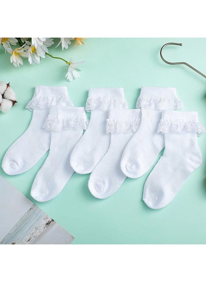 Satinior 6 Pairs Girls Ruffle Socks White Girls Eyelet Lace Sock Sruffled Girls Dress Socks for School Uniform Girl Toddler Girl Socks, White, 7-10 Years - Image 2