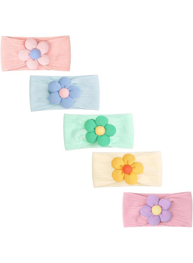 CÉLLOT 5 Pcs Baby Flower Headbands Baby Girls Nylon Headbands Soft Hairbands Hair Accessories for Newborn Infant Toddler Kids(Vibrant Color-Nylon Fabric with Horizontal Stripes) - Image 1