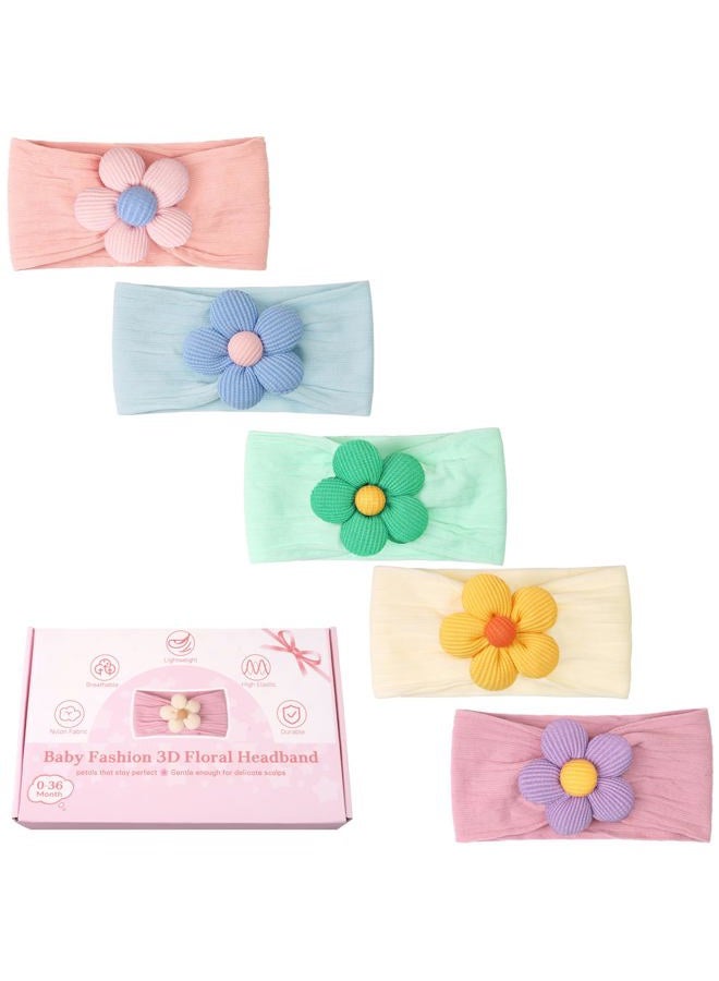 CÉLLOT 5 Pcs Baby Flower Headbands Baby Girls Nylon Headbands Soft Hairbands Hair Accessories for Newborn Infant Toddler Kids(Vibrant Color-Nylon Fabric with Horizontal Stripes) - Image 2