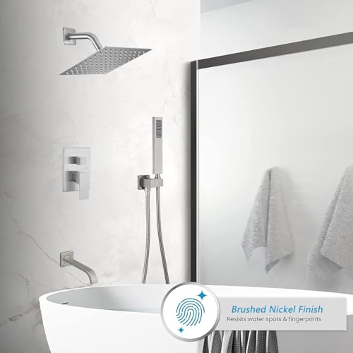 Heable Brushed Nickel Shower System Bathroom Shower Faucet Set with Tub Spout Wall Mounted 8 Inch Shower Head and Handle Set with Handheld 3 Function Tub and Shower Trim Kit with Valve - Image 2