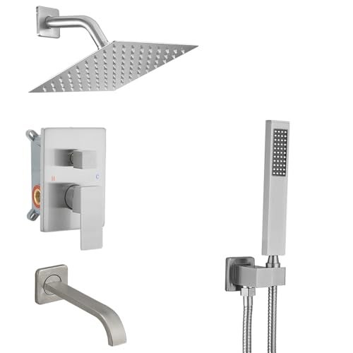 Heable Brushed Nickel Shower System Bathroom Shower Faucet Set with Tub Spout Wall Mounted 8 Inch Shower Head and Handle Set with Handheld 3 Function Tub and Shower Trim Kit with Valve - Image 1