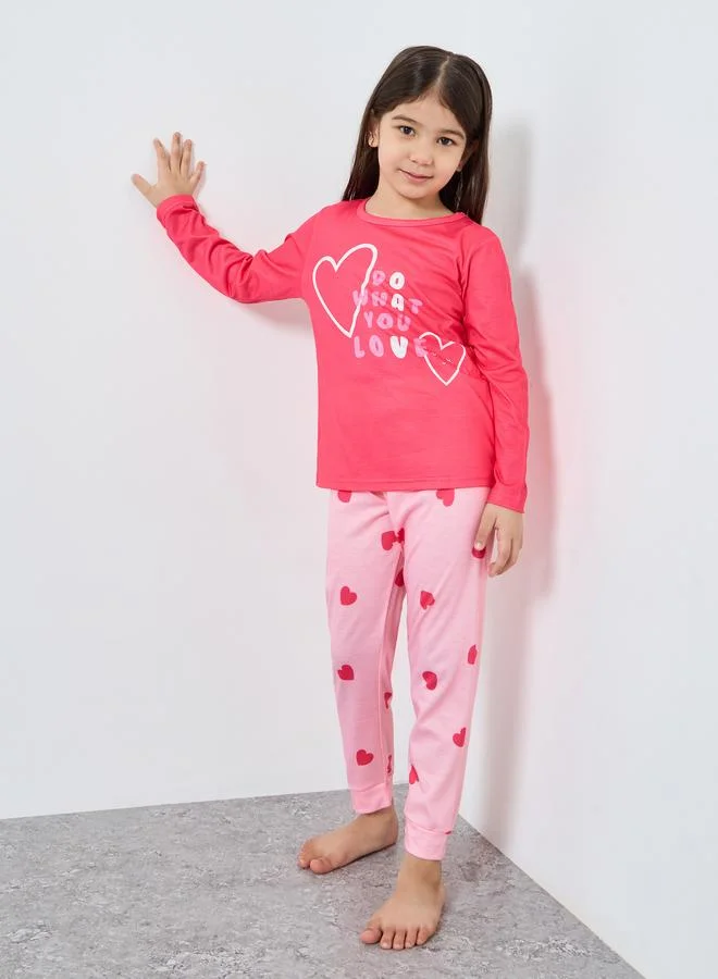 Styli Styli Pink Printed Long Sleeve T-Shirt and Pyjama Set