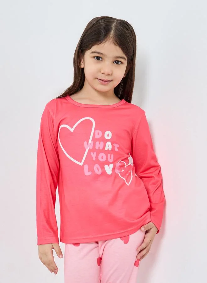 Styli Styli Pink Printed Long Sleeve T-Shirt and Pyjama Set