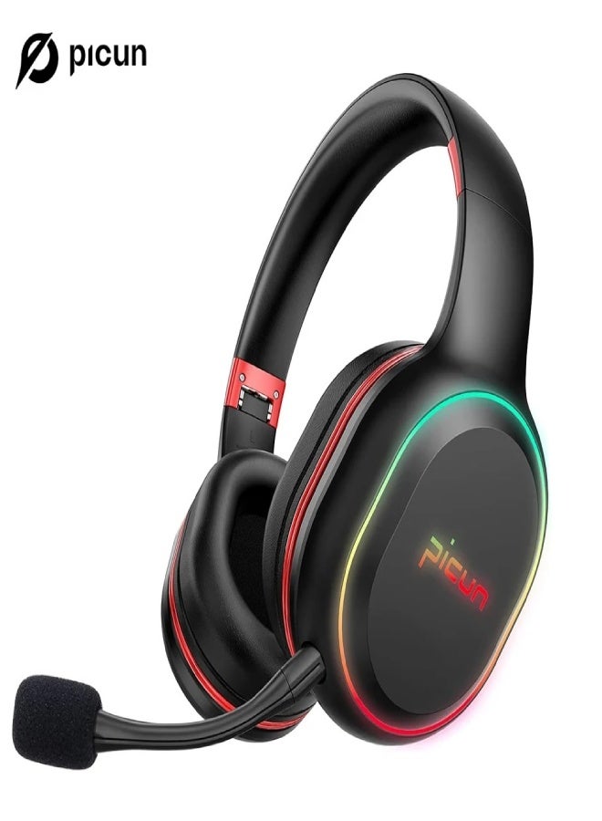 Picun P80X Wireless Gaming Headset with Mic – Bluetooth, Dual Dynamic Drivers, RGB Light, Vibration Bass, 30H Battery, Hi-Fi Stereo Sound for PS5/PS4/PC/Switch/Mobile - Black & Red - Image 1