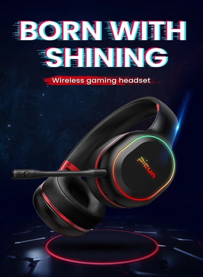 Picun P80X Wireless Gaming Headset with Mic – Bluetooth, Dual Dynamic Drivers, RGB Light, Vibration Bass, 30H Battery, Hi-Fi Stereo Sound for PS5/PS4/PC/Switch/Mobile - Black & Red - Image 2