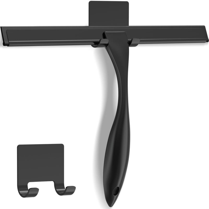 Docrok All-Purpose Stainless Steel Shower Squeegee for Shower Glass Door with Adhesive Hook, Bathroom Cleaner Tool Household Window Mirror Squeegee for Glass Doors, Cleaning Tile Wall, Car, 14 inch, Black - Image 1