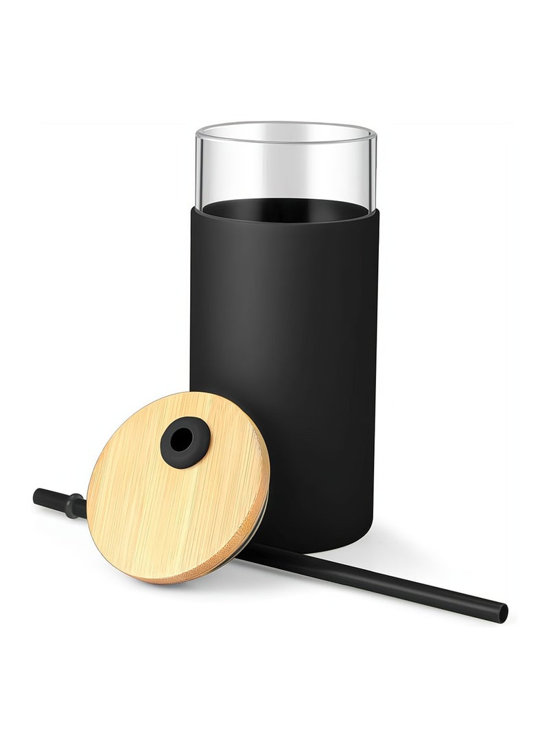 Luckam Glass Tumbler with Straw and Bamboo Lid and 600ml Creative Chic Drinking Cup Transparent Straw Glass Bottle Iced Coffee Cup Smoothie Cups Tumbler with Silicone Protective Sleeve - Image 4