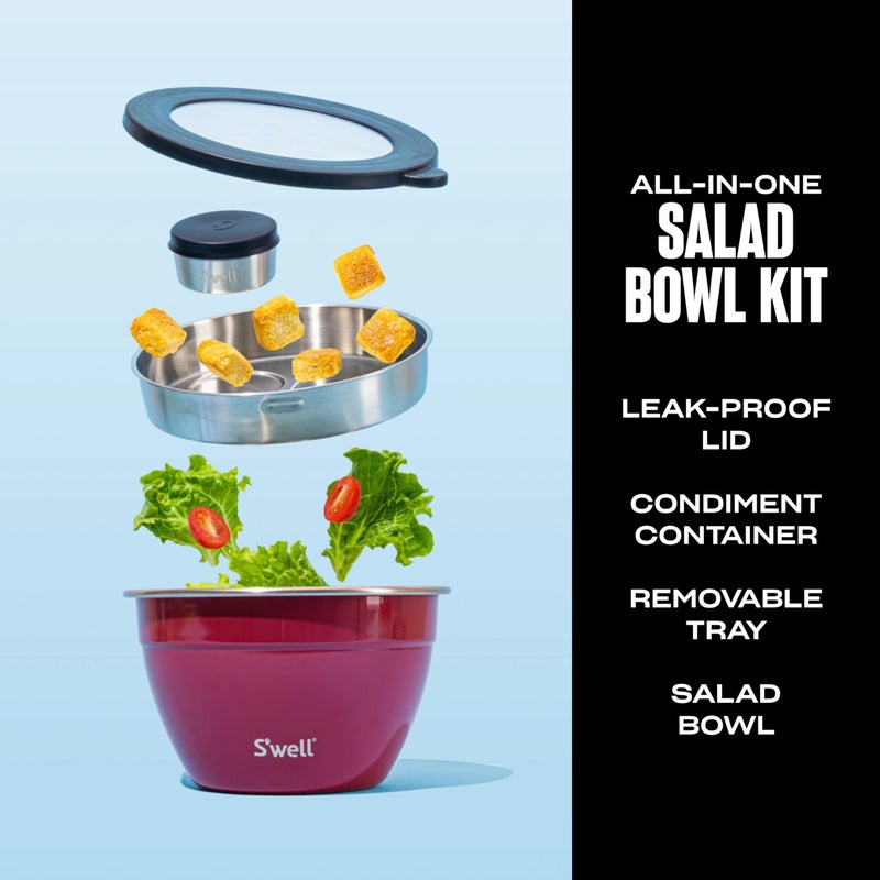 S'well Stainless Steel Salad Bowl Kit 64oz, Wild Cherry, Comes with 2oz Mini Canister and Removable Tray for Organization, Leakproof, Easy to Clean, Dishwasher Safe - Image 2