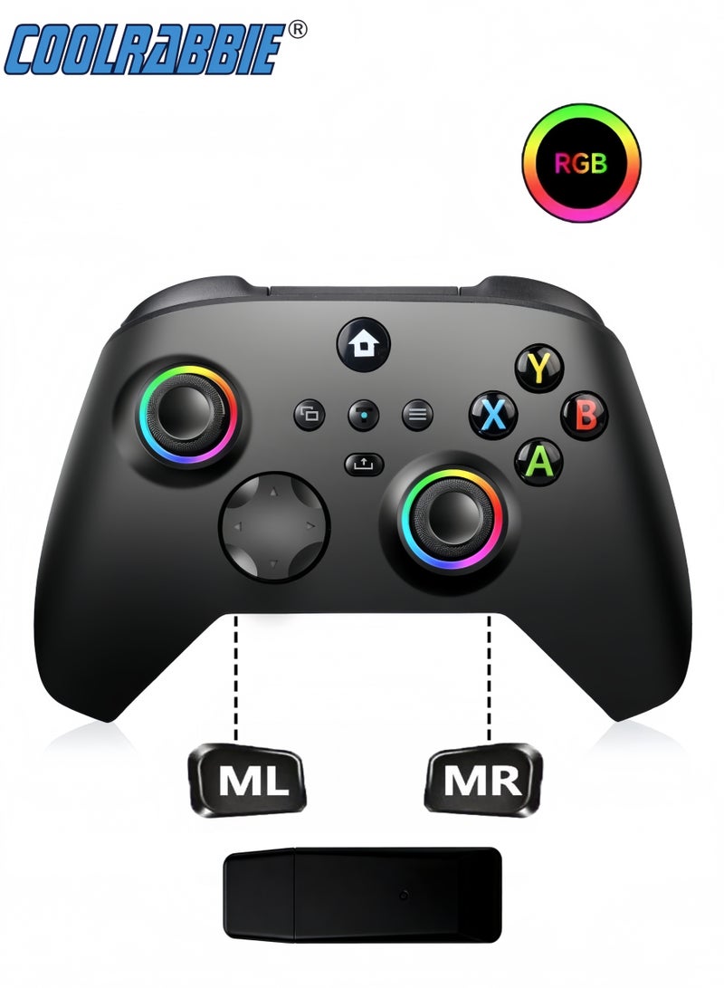 CoolRabbie RGB Wireless Game Controller For Xbox One, Xbox Series X/S, Xbox One X/S, PC, With 800mAh Battery, Programmable, Turbo Function, 4 Lighting Modes, With 2.4GHZ Wireless Adapter Gamepad With Hall Effect Joysticks , Black - Image 1