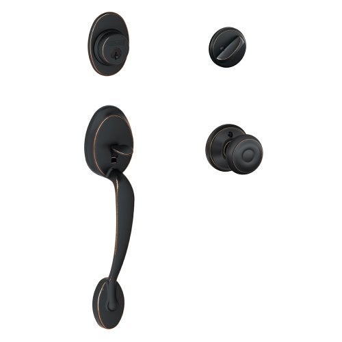 SCHLAGE Plymouth Single Cylinder Handleset and Georgian Knob, Aged Bronze (F60 PLY 716 GEO) - Image 1