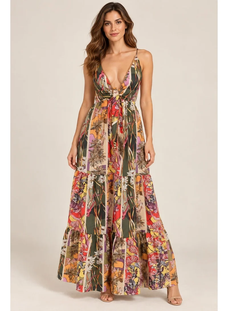 2Trendy Women's Multicolour Maxi Dress with Floral Print and Lace-Up Back