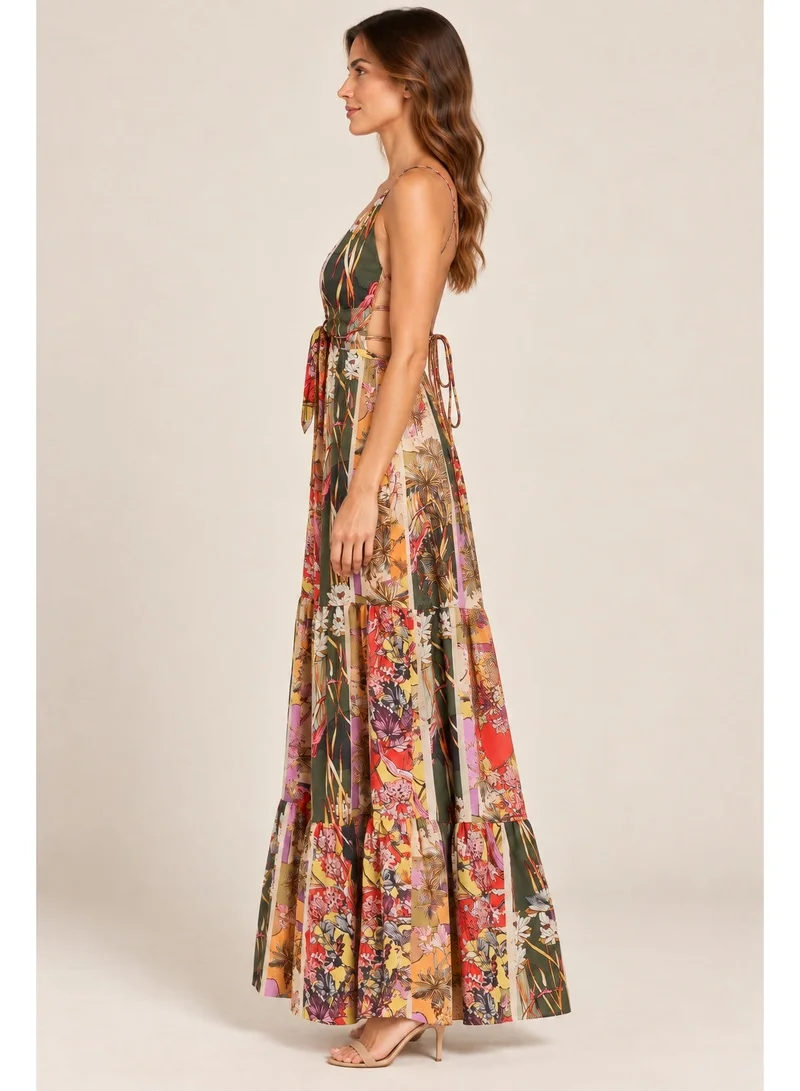 2Trendy Women's Multicolour Maxi Dress with Floral Print and Lace-Up Back