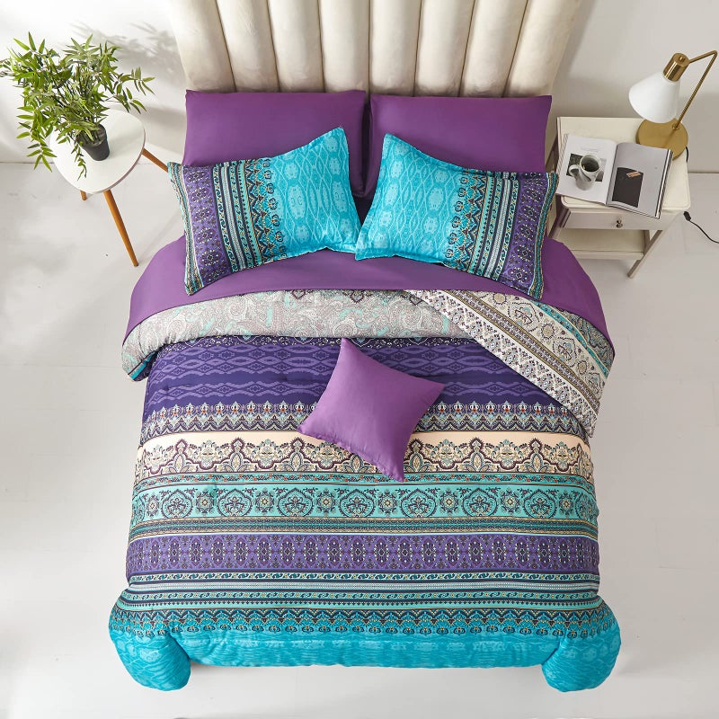 Cottolester Boho Comforter Set King Size 8 Piece Bed in a Bag Bohemian Striped Bedding Quilt Set Aqua Paisley Floral Comforter and Sheet Set,Soft Microfiber Complete Bedding Sets for All Season - Image 4