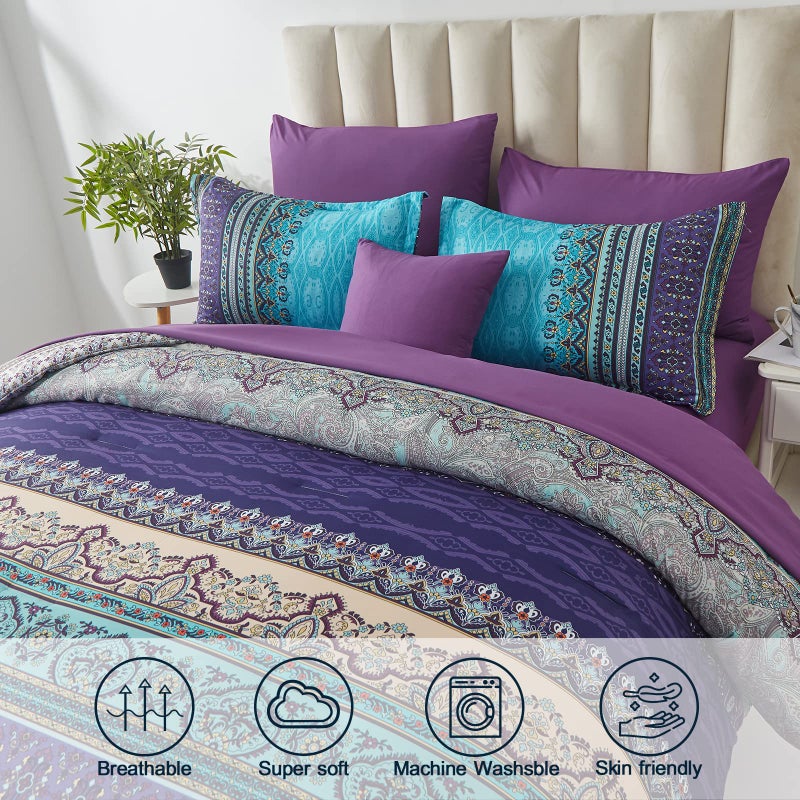 Cottolester Boho Comforter Set King Size 8 Piece Bed in a Bag Bohemian Striped Bedding Quilt Set Aqua Paisley Floral Comforter and Sheet Set,Soft Microfiber Complete Bedding Sets for All Season - Image 3
