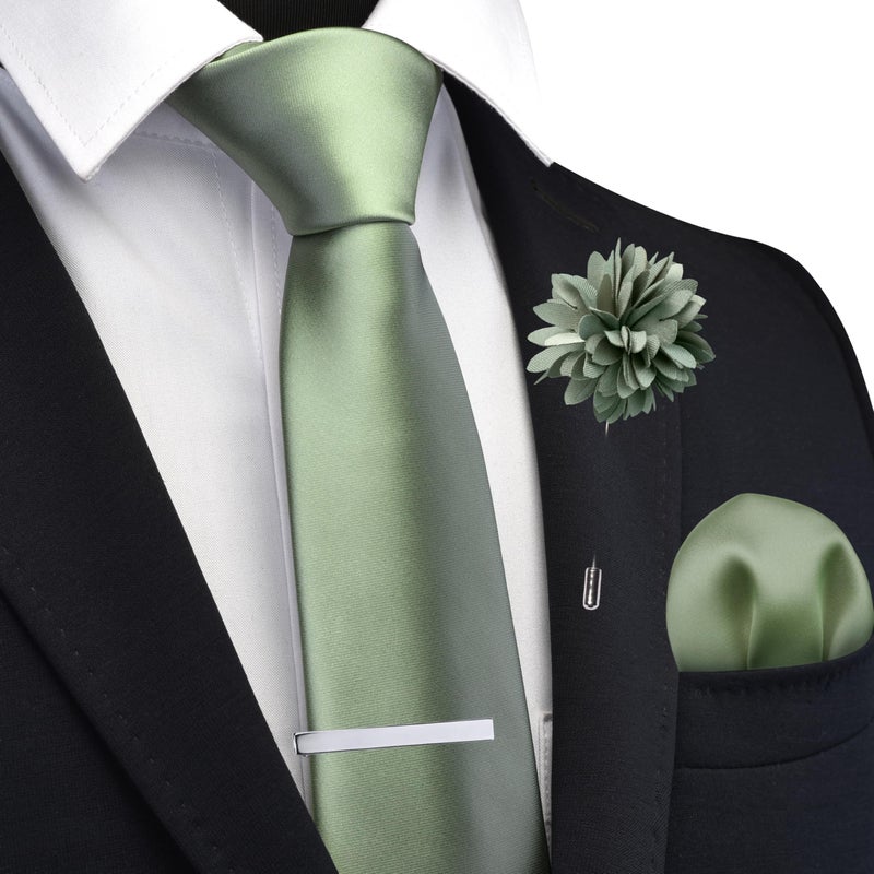 Branduce Sage Green Tie for Men Wedding Solid Satin Silk Blend Necktie Pocket Square Tie Clip and Lapel Pin Brooch Set (TA14-26) - Image 2