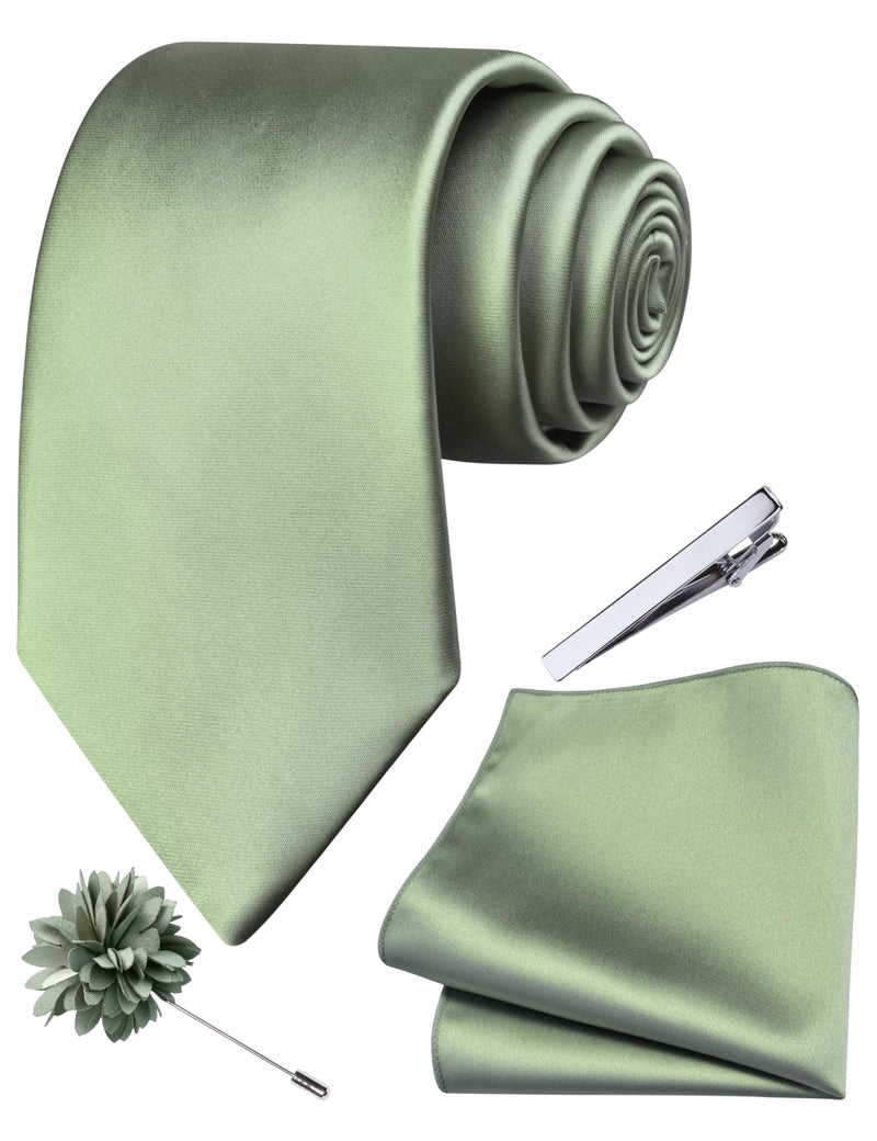 Branduce Sage Green Tie for Men Wedding Solid Satin Silk Blend Necktie Pocket Square Tie Clip and Lapel Pin Brooch Set (TA14-26) - Image 1