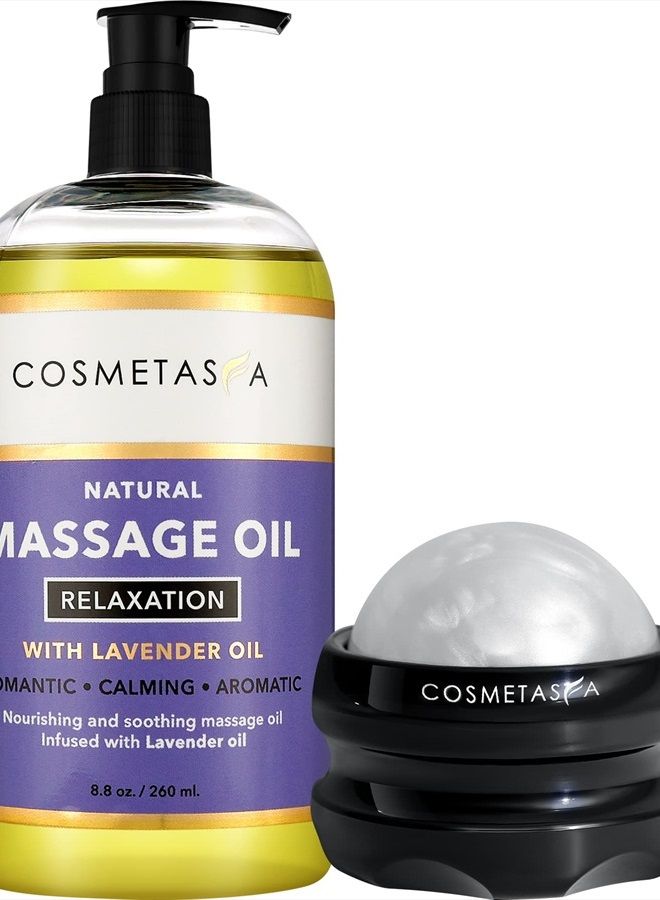 Cosmetasa زيت تدليك للاسترخاء برائحة اللافندر مع كرة تدليك - خالي من البقع 100% مزيج طبيعي من زيوت ذات جودة سبا للاسترخاء، عطرية، مهدئة لعلاج التدليك - Image 1