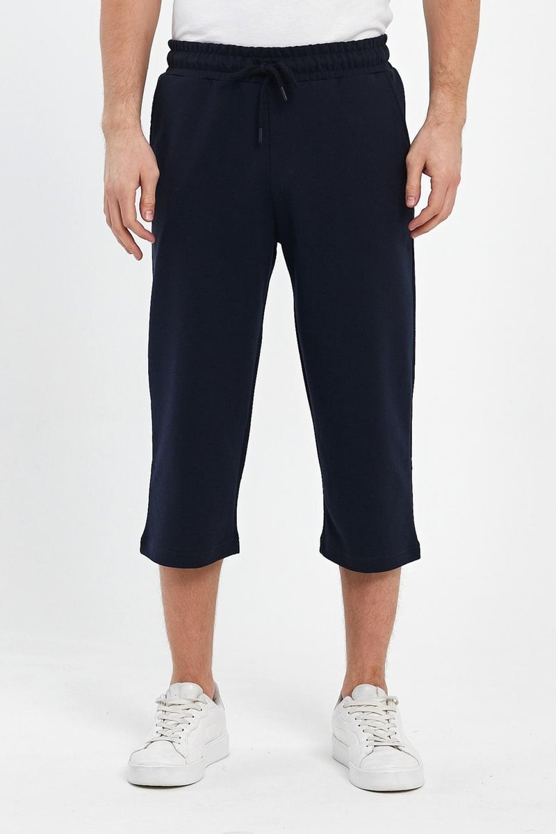 Comeor Men's Navy Blue Bermuda Below Knee Capri Long Shorts with Side Pockets and Adjustable Elastic Waist  - Image 1
