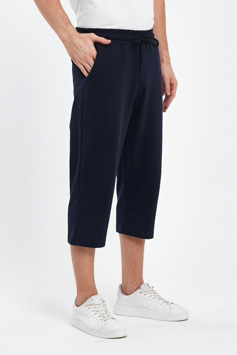 Comeor Men's Navy Blue Bermuda Below Knee Capri Long Shorts with Side Pockets and Adjustable Elastic Waist  - Image 4