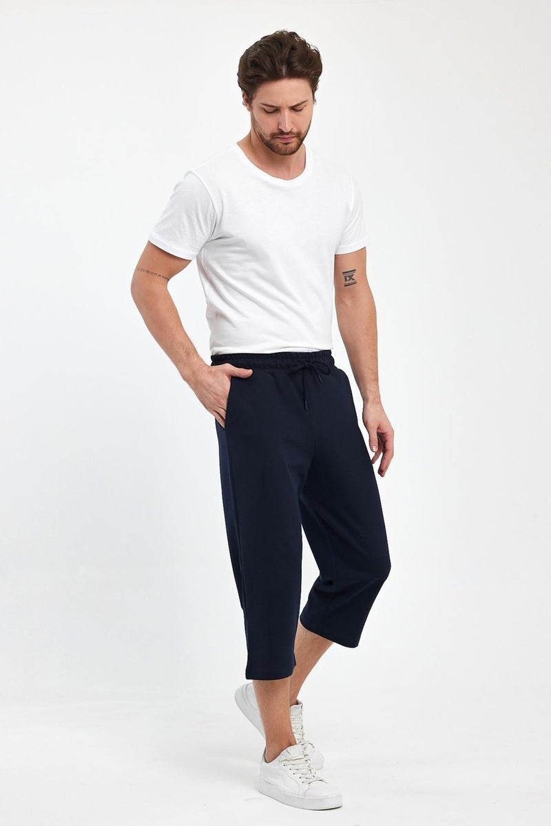 Comeor Men's Navy Blue Bermuda Below Knee Capri Long Shorts with Side Pockets and Adjustable Elastic Waist  - Image 5