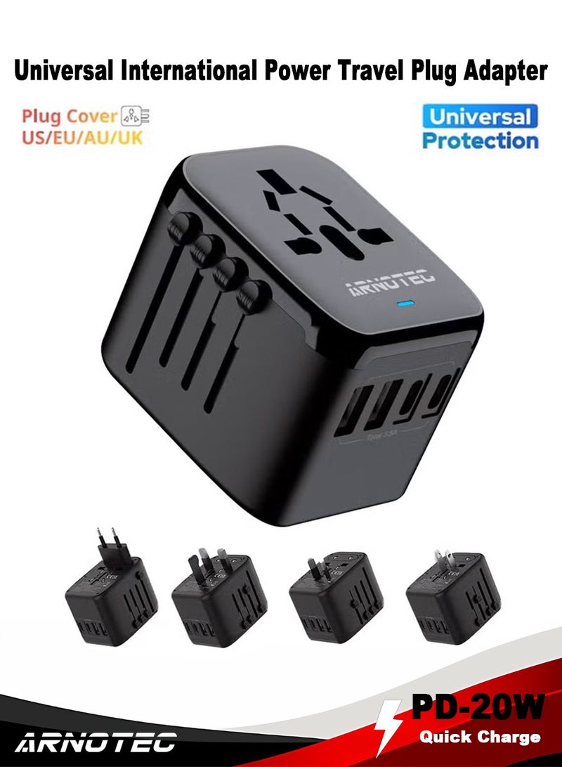 ARNOTEC Universal International Power Travel Plug Adapter, 5 in 1 European Travel Plug Adapter W/ 3.5A 2xUSB-A and 2xUSB C Wall Charger and Worldwide AC Outlet for Europe USA UK AUS Asia Black - Image 1
