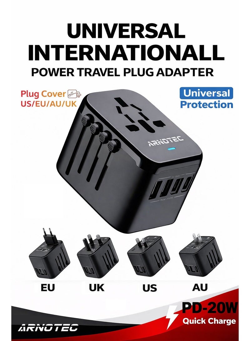 ARNOTEC محول طاقة سفر عالمي دولي، 5 في 1 محول سفر أوروبي مع شاحن حائط 3.5A و 2xUSB-A و 2xUSB C ومخرج AC عالمي لأوروبا والولايات المتحدة والمملكة المتحدة وأستراليا وآسيا باللون الأسود - Image 2