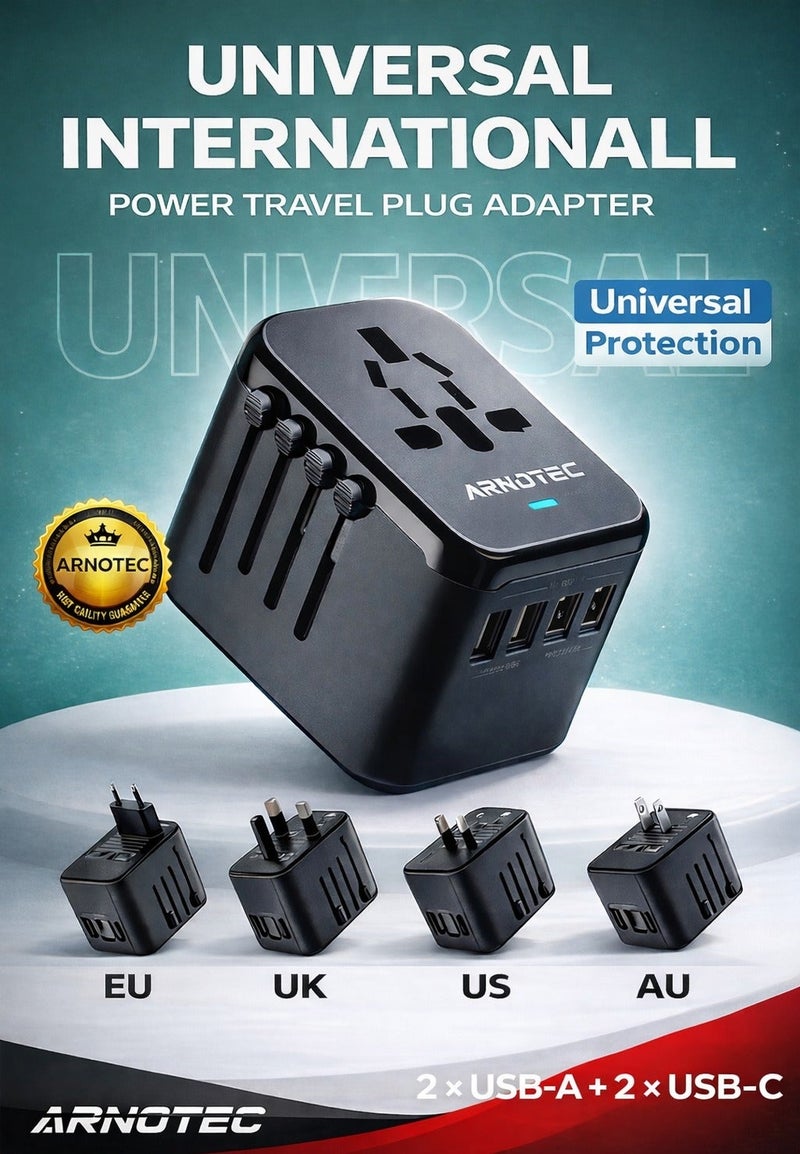 ARNOTEC محول طاقة سفر عالمي دولي، 5 في 1 محول سفر أوروبي مع شاحن حائط 3.5A و 2xUSB-A و 2xUSB C ومخرج AC عالمي لأوروبا والولايات المتحدة والمملكة المتحدة وأستراليا وآسيا باللون الأسود - Image 1