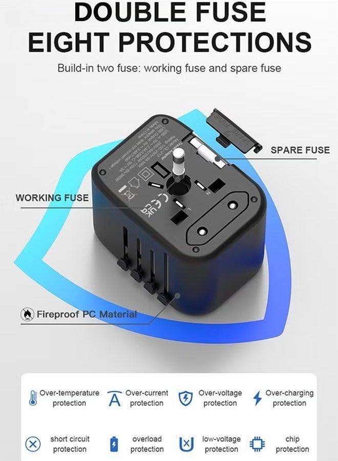 ARNOTEC Universal International Travel Plug Adapter, 5-in-1 Worldwide Power Adapter with 2×USB-A (2.4A) + 2×USB-C (3A), 100–250V 10A Multi Country AC Outlet for EU US UK AU – Black - Image 4