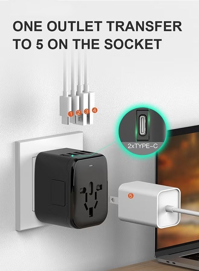 ARNOTEC Universal International Travel Plug Adapter, 5-in-1 Worldwide Power Adapter with 2×USB-A (2.4A) + 2×USB-C (3A), 100–250V 10A Multi Country AC Outlet for EU US UK AU – Black - Image 2