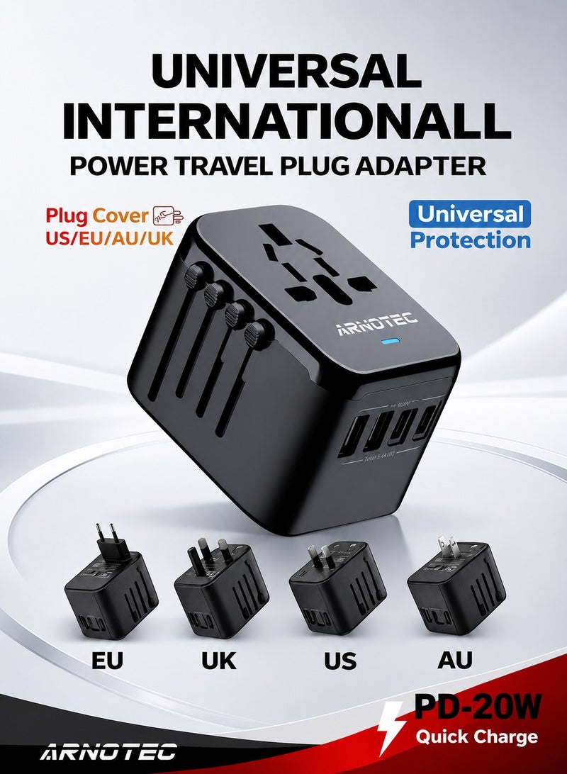 ARNOTEC Universal International Travel Plug Adapter, 5-in-1 Worldwide Power Adapter with 2×USB-A (2.4A) + 2×USB-C (3A), 100–250V 10A Multi Country AC Outlet for EU US UK AU – Black - Image 1