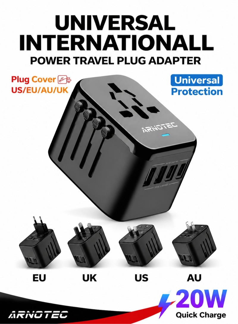 ARNOTEC Universal International Travel Plug Adapter, 5-in-1 Worldwide Power Adapter with 2×USB-A (2.4A) + 2×USB-C (3A), 100–250V 10A Multi Country AC Outlet for EU US UK AU – Black - Image 1