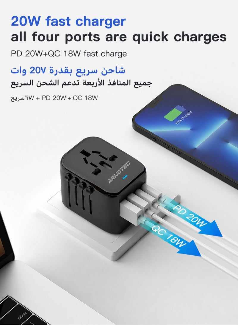 ARNOTEC Universal International Travel Plug Adapter, 5-in-1 Worldwide Power Adapter with 2×USB-A (2.4A) + 2×USB-C (3A), 100–250V 10A Multi Country AC Outlet for EU US UK AU – Black - Image 2
